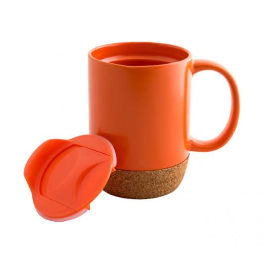 Керамическая термокружка KAROLINA со съемной пробковой подставкой и пластиковой крышкой с логотипом