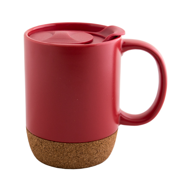 Керамическая термокружка KAROLINA со съемной пробковой подставкой и пластиковой крышкой с логотипом